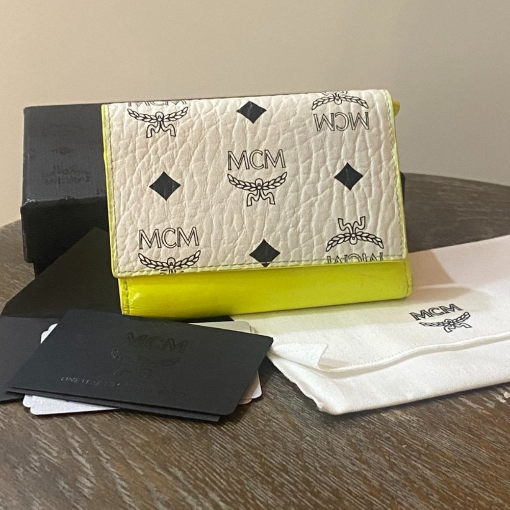 MCM White and Yellow Logo Continental Wallet